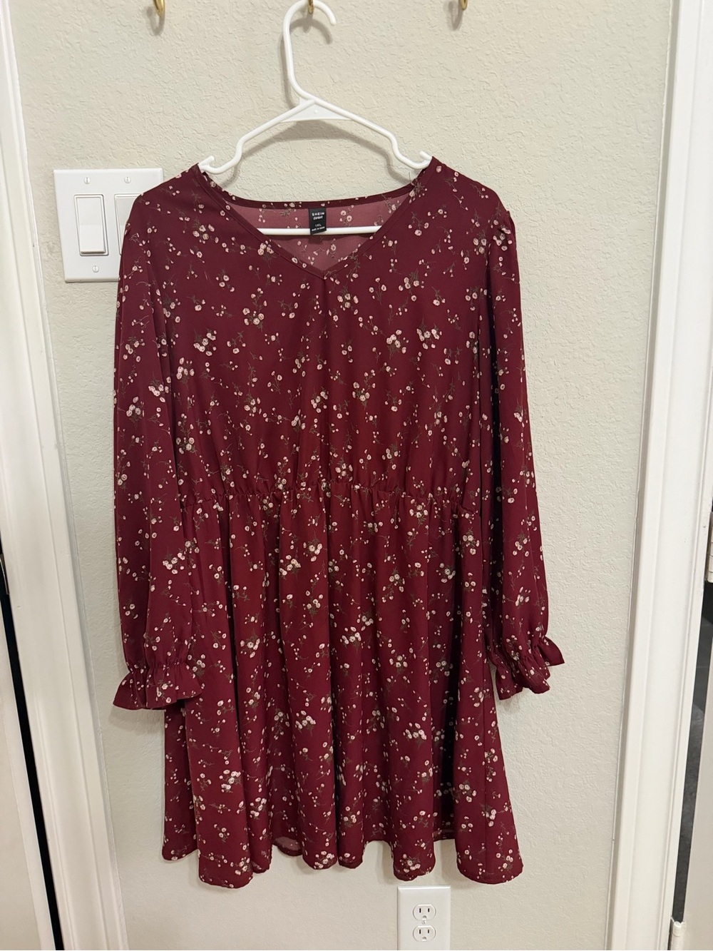 SHEIN Burgundy Floral Long-Sleeve Ruffle Swing Dress